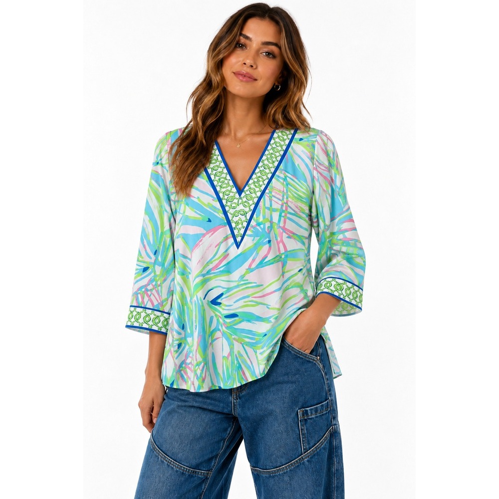 Lilly Pulitzer Port Tunic Top Women Medium Blue Abstract Tropical Resortwear